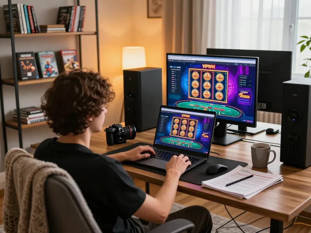 Engaging experience on VIPWIN online casino, featuring a laptop setup and gaming strategy notes