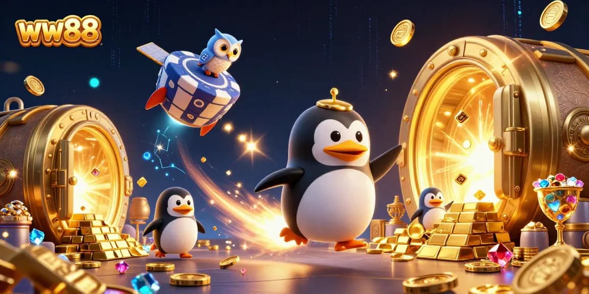 Experience the thrill of ww88 with a 3D penguin blasting towards a casino in this vibrant illustration.