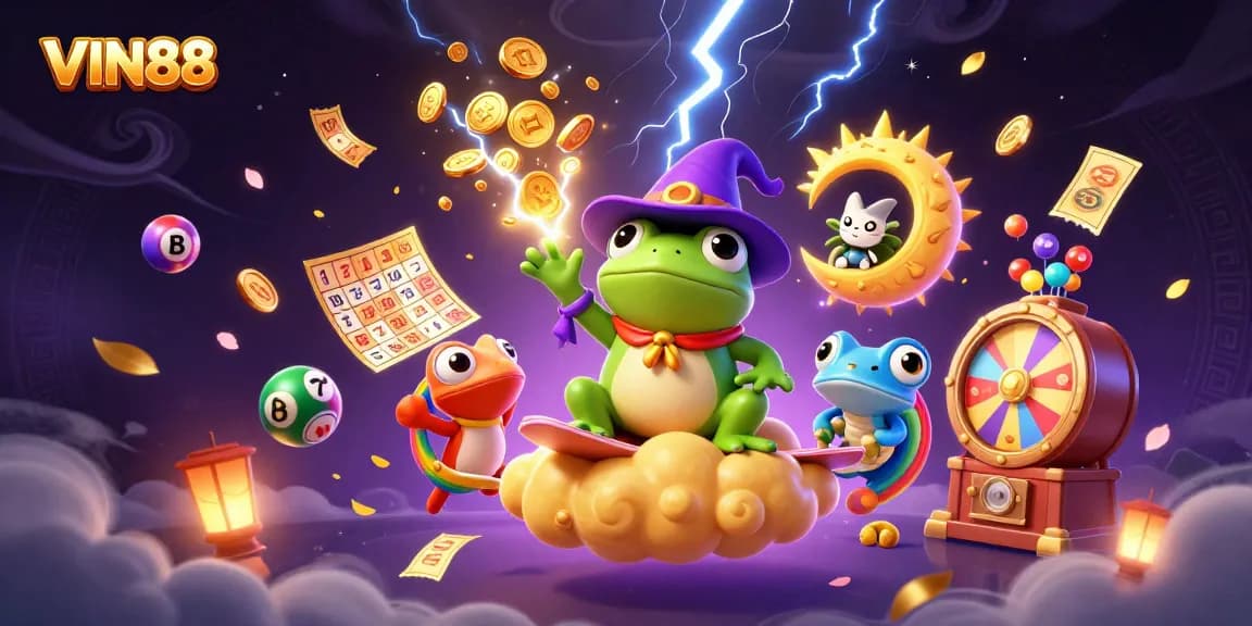 Engage in thrilling luck with VIN88 amid a storm of golden coins and colorful lottery balls.