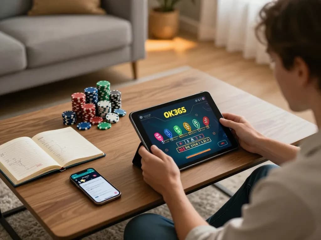 Player engaging in a thrilling blackjack game on OK365 while surrounded by betting strategies and vibrant chips.
