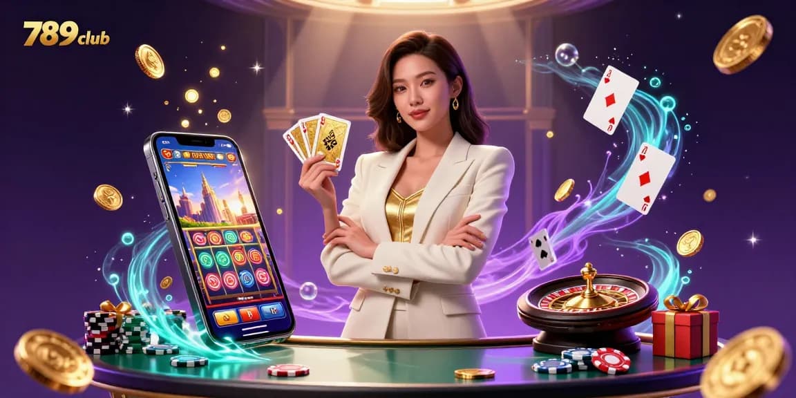 Experience thrilling casino action at 789club with a glamorous Asian businesswoman showcasing powerful poker skills in a vibrant setting.