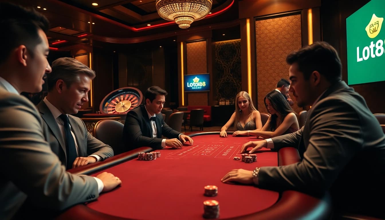 Exciting high-stakes poker game scene at Loto188 casino with players and roulette wheel.