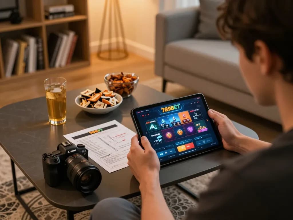 Engaging in online gaming with the 789BET app in a cozy home setup, showcasing strategic notes and relaxed atmosphere.