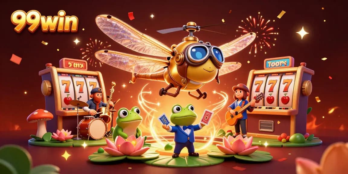 Experience the excitement of 99win with vibrant casino scenes featuring dynamic characters and slot games.
