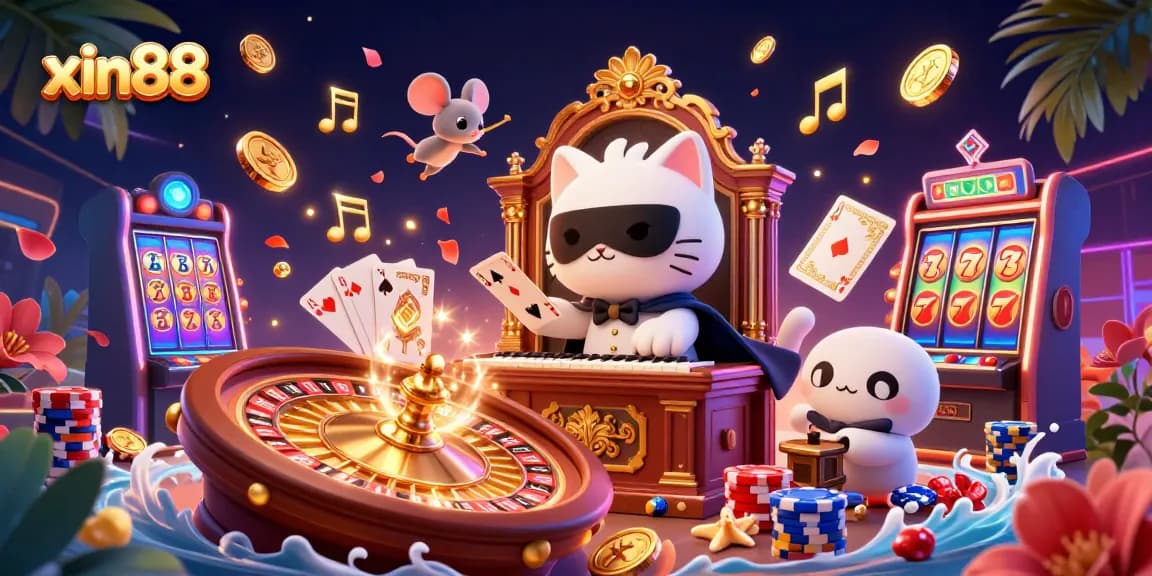 Engage with xin88's vibrant casino atmosphere featuring a cartoon cat and mouse amidst swirling gold coins.