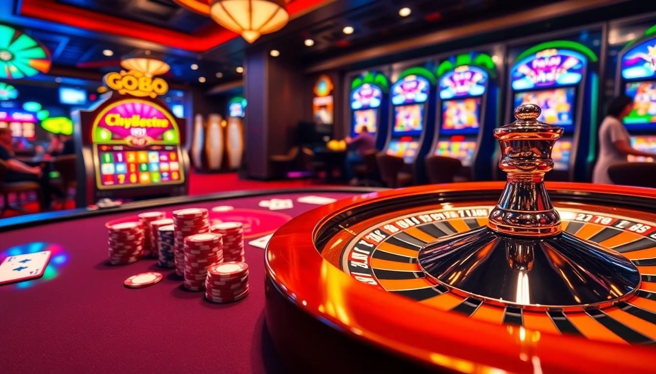 Exciting gaming scene at Nhà Cái GO88 featuring poker chips, cards, and a roulette wheel.