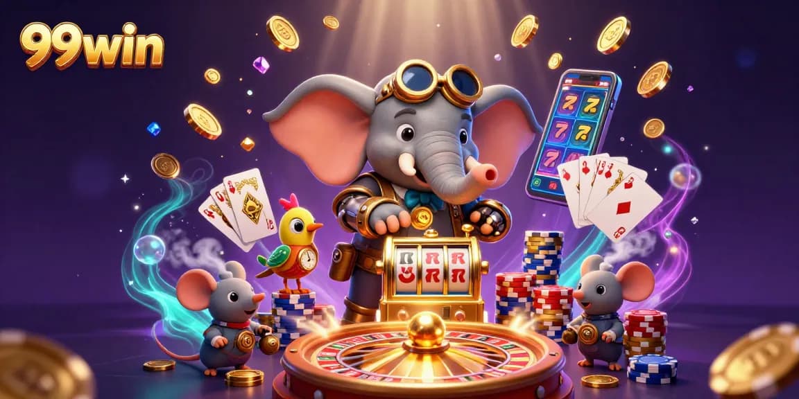 Spin the lucky slot reels at 99win, surrounded by cascading coins and vibrant game elements.