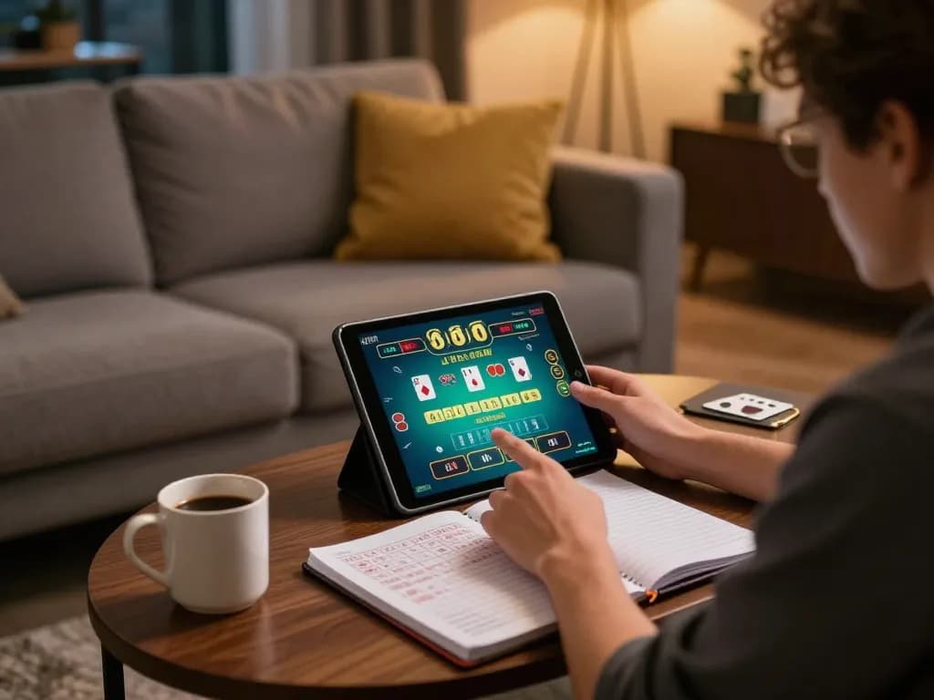 Engaged player utilizing debet for live dealer gaming on a tablet from a cozy home setting