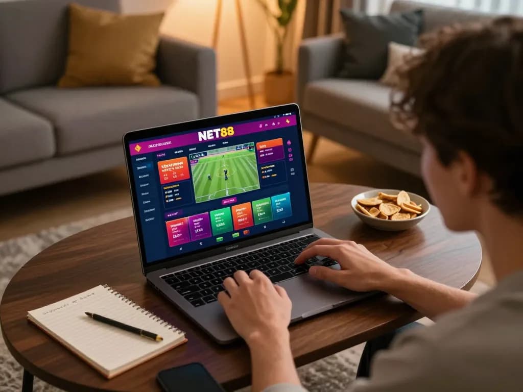 Engaging in online sports betting at home on NET88 with a vibrant interface, cozy ambiance, and strategic planning materials.