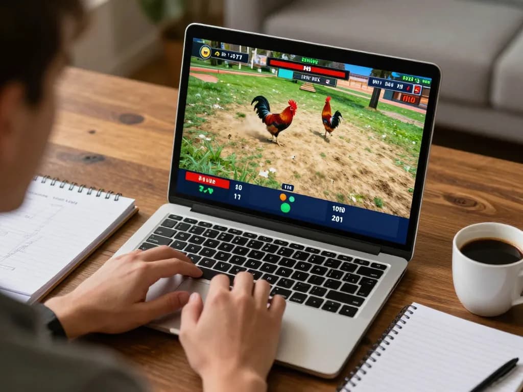 xem đá gà trực tiếp trên màn hình laptop trong một buổi chơi game tại nhà hấp dẫn với không gian ấm cúng