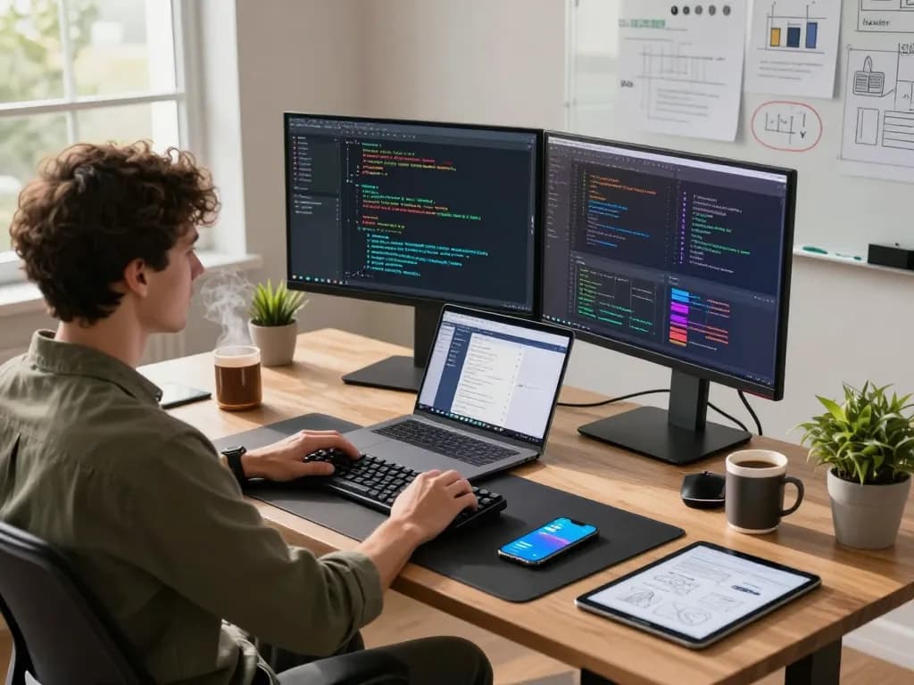 Moltbot AI utilized in a modern workspace with a developer coding on dual monitors, showcasing advanced software capabilities and vibrant data.
