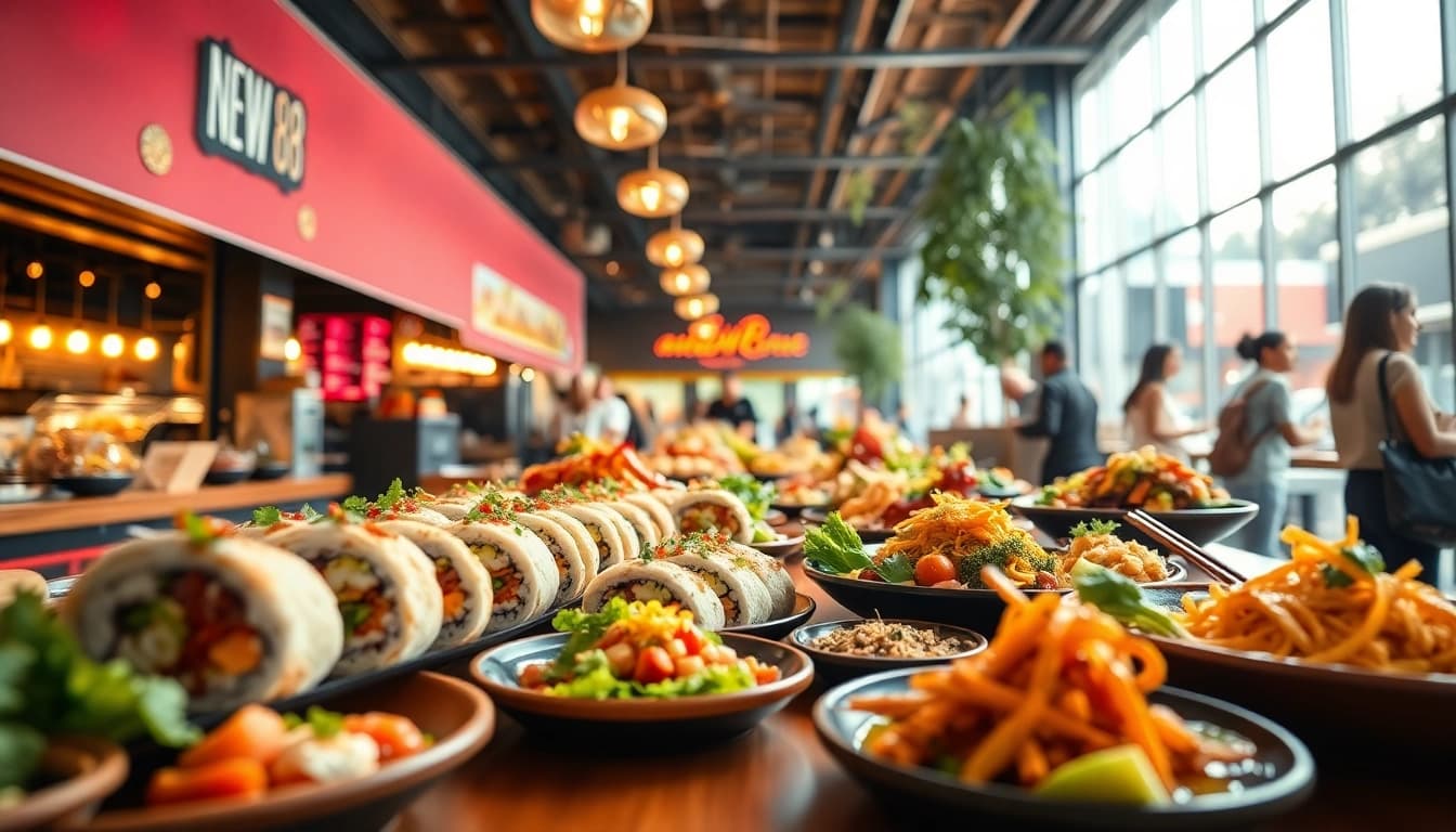 Delicious dishes from New 88 fusion restaurant showcasing sushi burritos and Asian flavors.