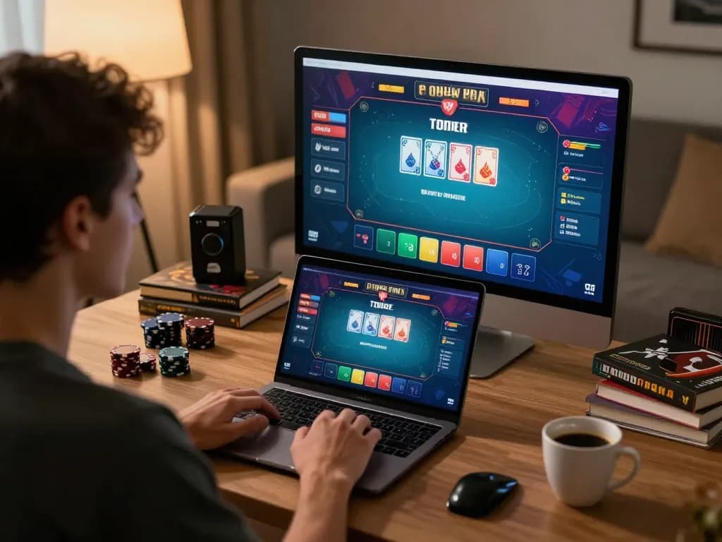 Engaging player participating in an online poker game using SC88 strategies in a cozy home office setting.