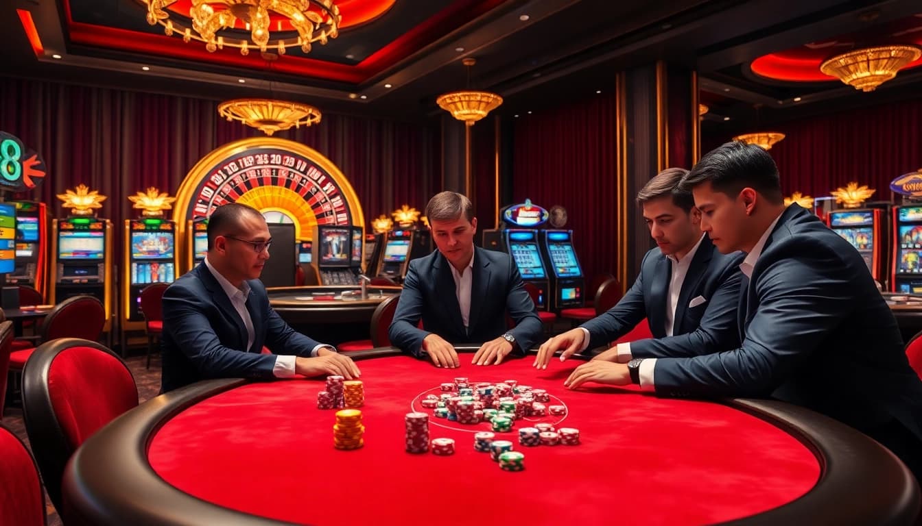Players engaging in a high-stakes poker game at nk88 casino with vibrant chips and elegant decor.
