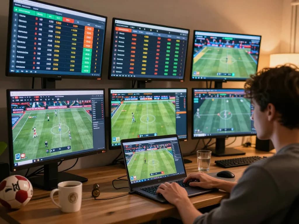 Person engaging in strategic online sports betting on Bongdalu with multiple screens showing live odds.