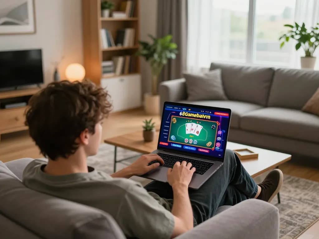 Engaging online gaming with 68gamebaivn, showcasing poker gameplay in a cozy living room setting