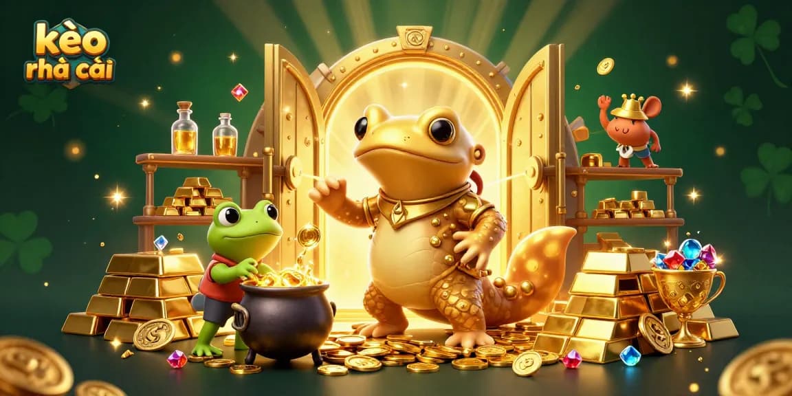 Experience kèo nhà cái excellence in this vibrant 3D illustration with alchemists turning gold.