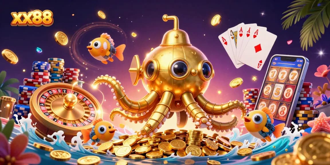 Experience thrilling gameplay with xx88's dynamic casino scene featuring golden kraken and mechanical fish.