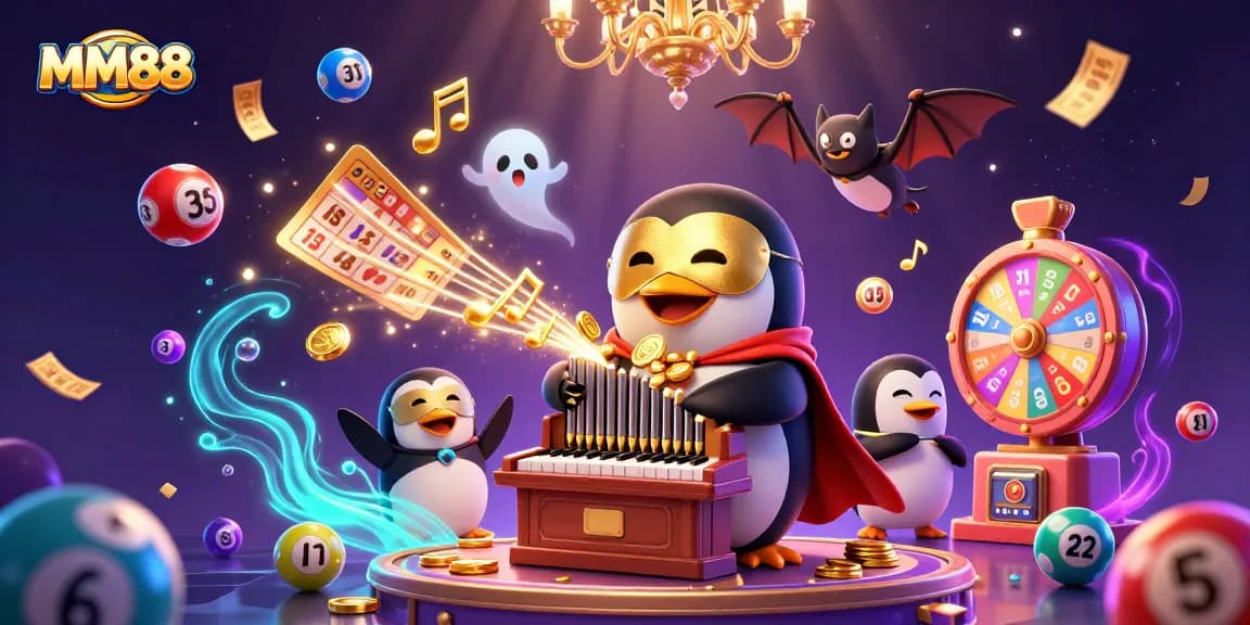 Experience MM88 with vibrant lottery elements, a whimsical penguin, and golden treasures in a lively casino scene.