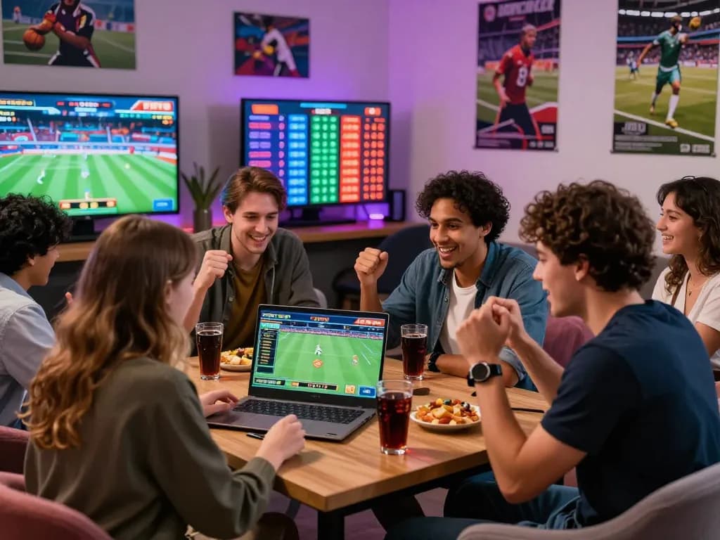 Excited friends engaging in an online betting session with rikbet showing live sports odds.