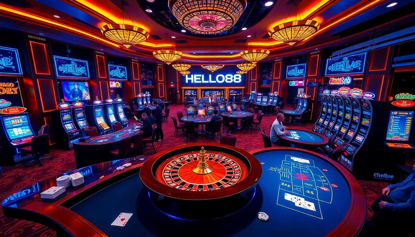 Experience the thrill of gambling at HELLO88 with exciting poker tables and glowing slot machines.
