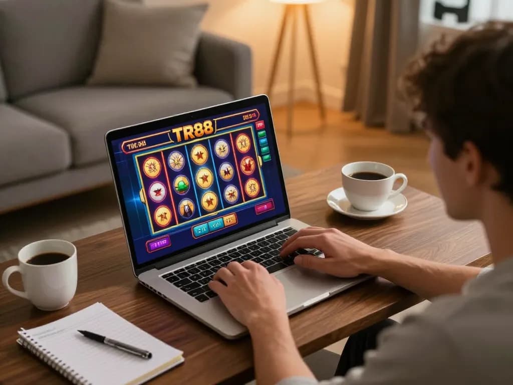 Player enjoying TR88 slot games on laptop in a cozy home setup with vibrant screen details