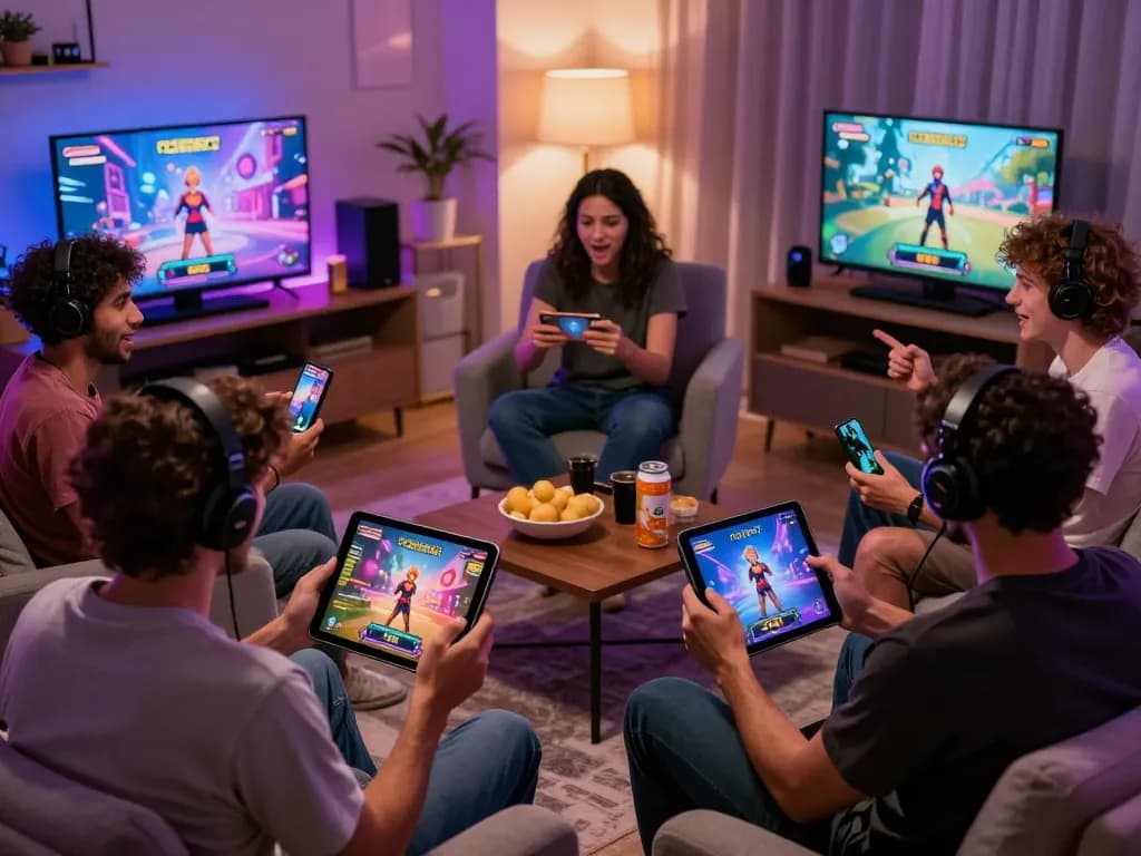 Players enjoying porn games on multiple devices in a lively home setup.