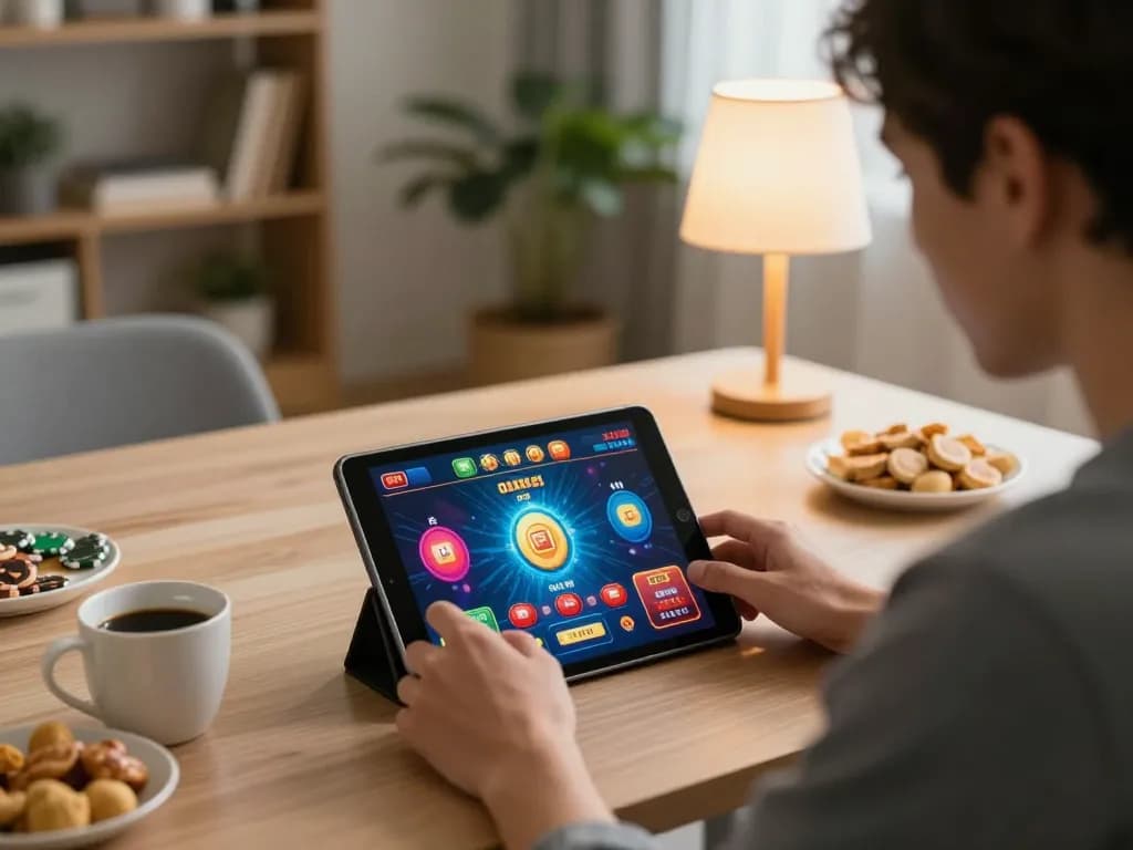 Engaged player enjoying online casino games with good88 on a tablet in a cozy home setting.