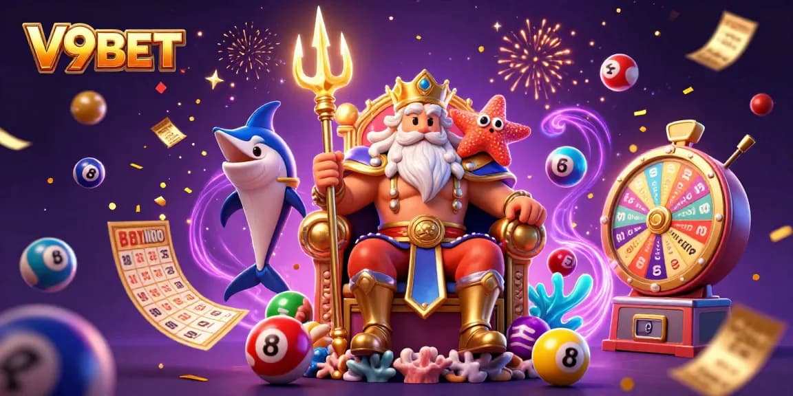 Experience thrilling wins at V9BET with vibrant illustrations of lottery balls, gaming elements, and lively characters.