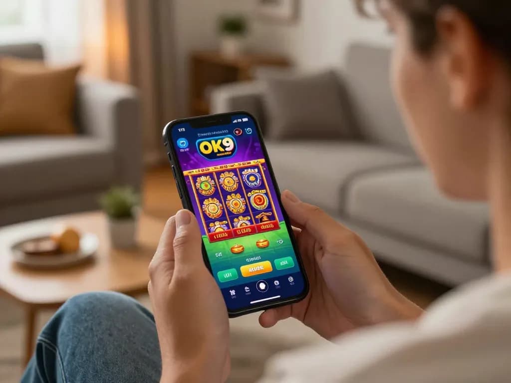 Engaging mobile gaming session on Ok9 app in a cozy living room setup.