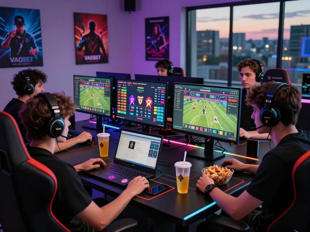 Group of gamers immersed in VAOBET online betting platform with vibrant gaming setup.