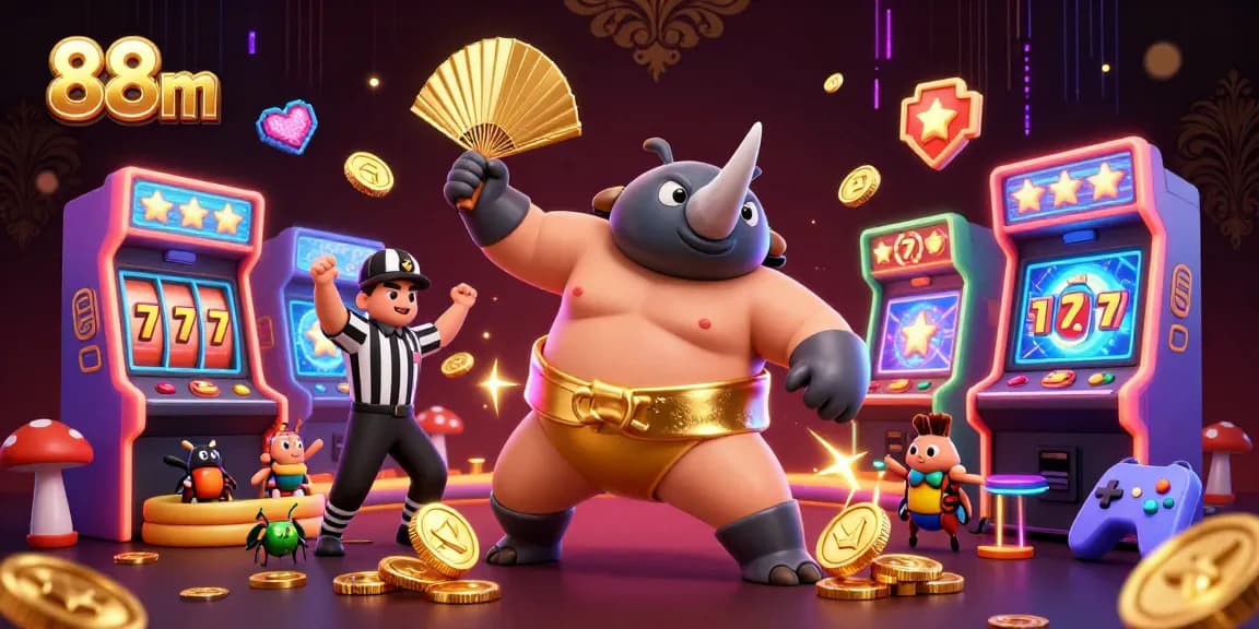 Experience exciting gaming action with 88m's vibrant casino-themed illustration featuring dynamic characters.