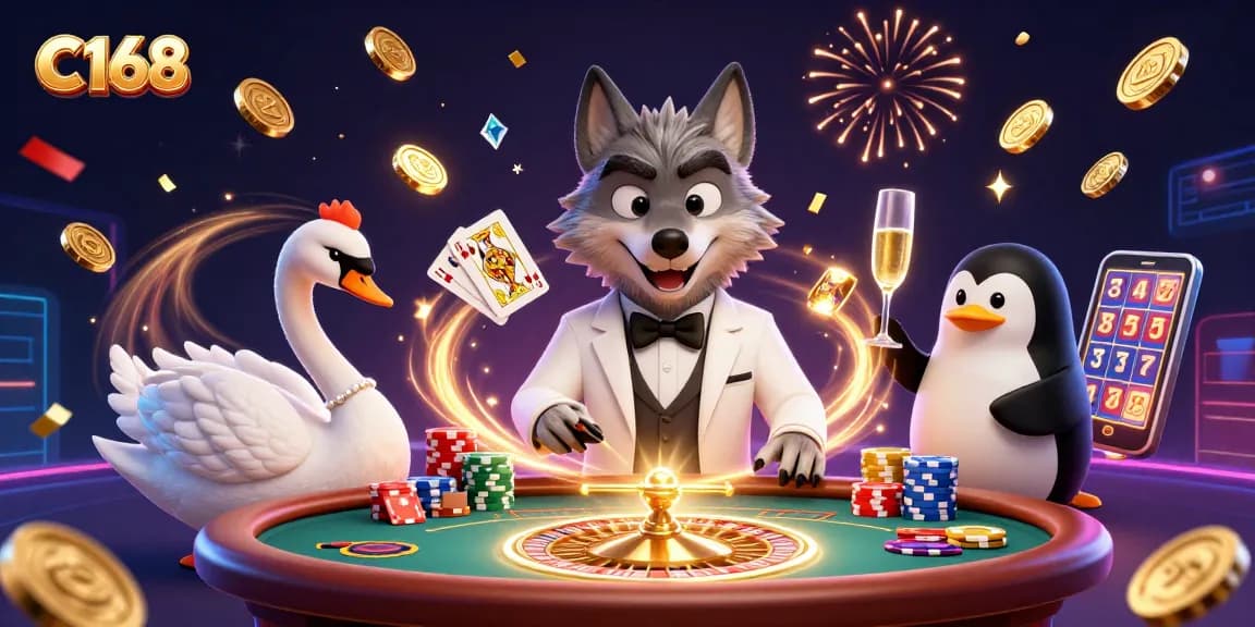 Play exciting casino games featuring C168 with a debonair wolf, swan dealer, and penguin sommelier.