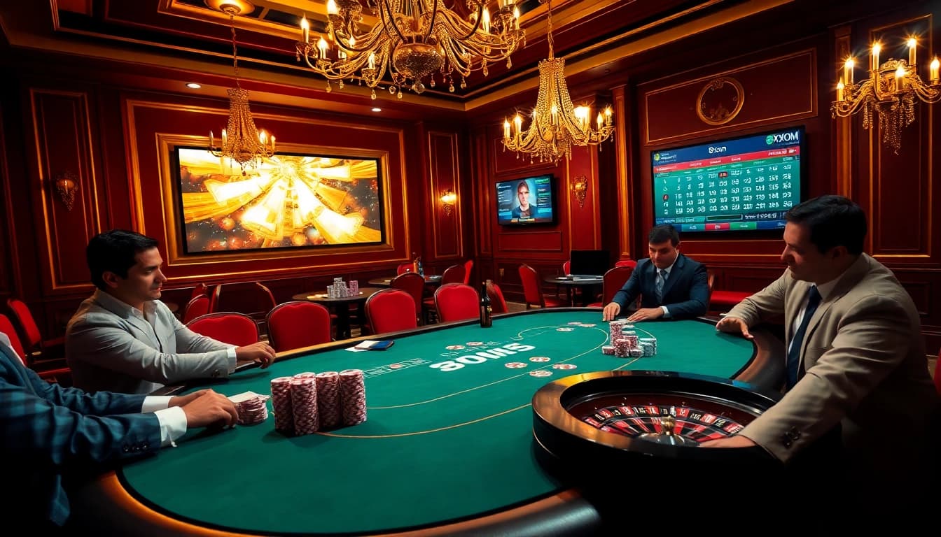 Players engaged in high-stakes excitement at a luxurious poker table with 8XX COM decor.