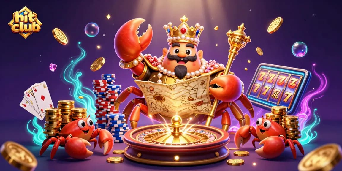 Win big at hit club with 3D casino fun featuring golden crab emperor and vibrant gaming elements.