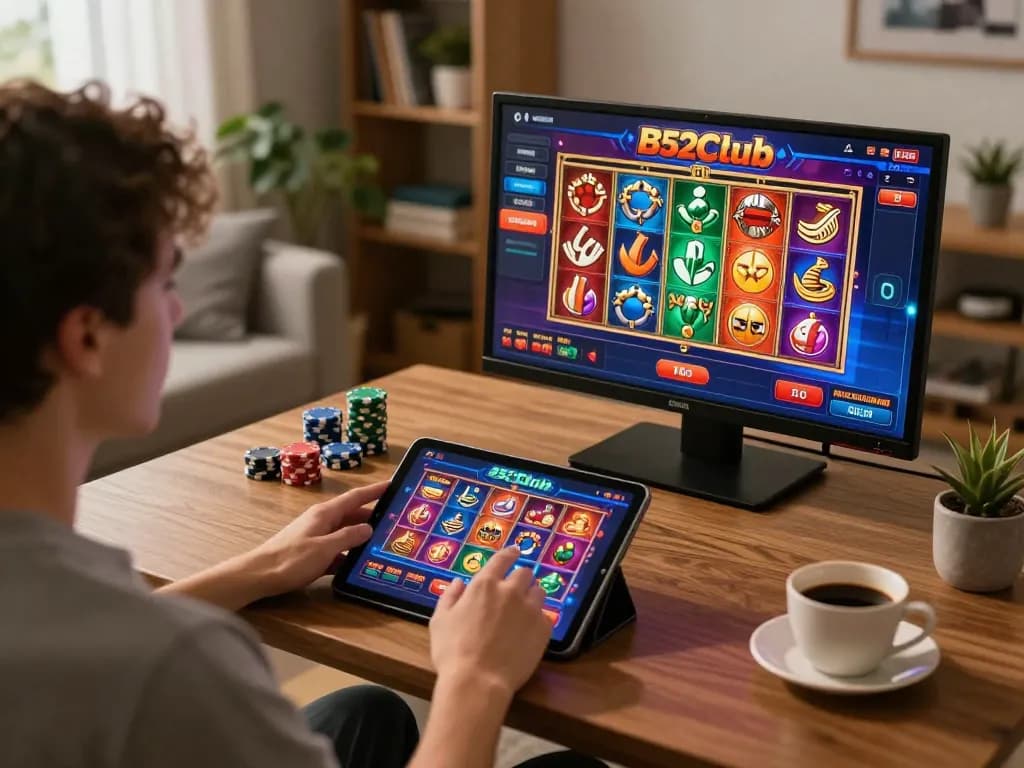 B52Club user engaging in online gaming session, showcasing vibrant slots and cozy atmosphere.