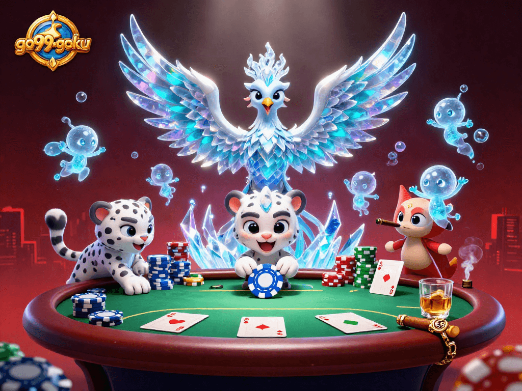 Engage with go99-goku's vibrant casino scene featuring an ice phoenix and poker gameplay.