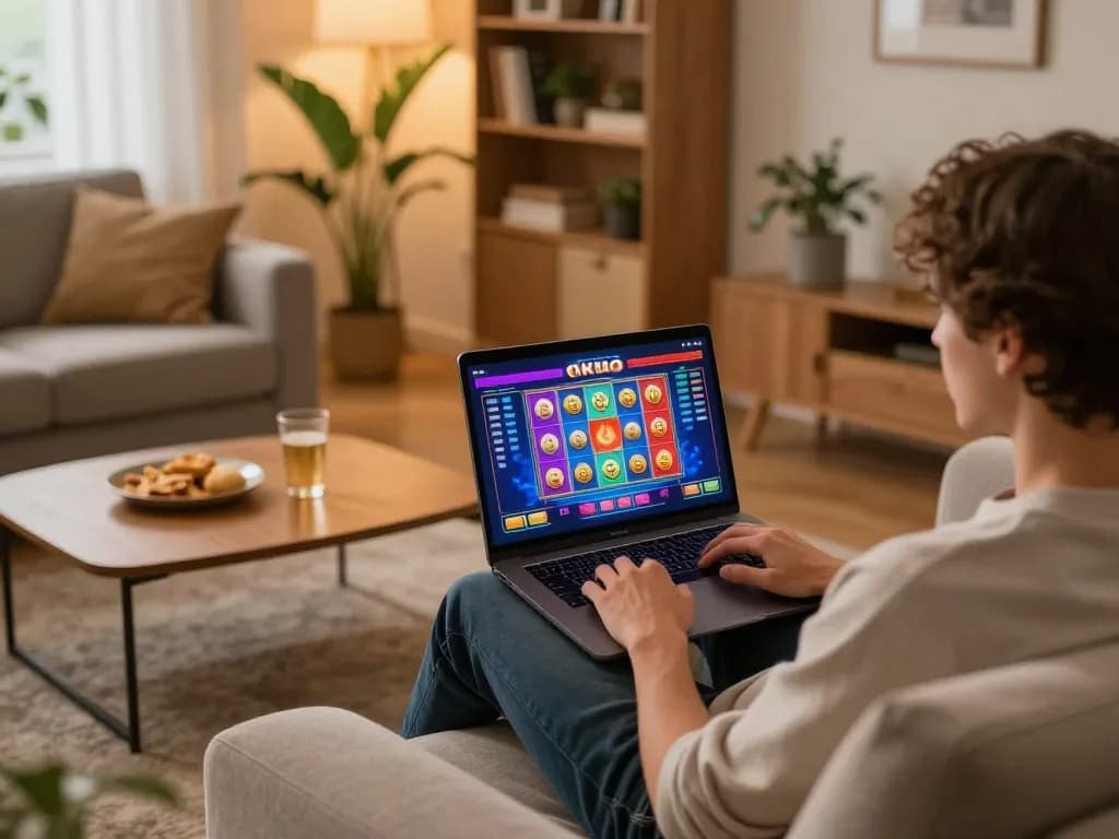 Playing exciting games at Vmax ok from a cozy home setup with laptop and snacks