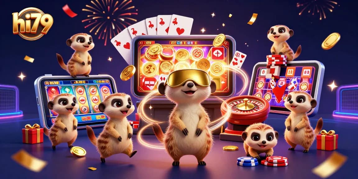 Join the excitement at hi79 with a lively meerkat casino illustration featuring dynamic gambling action and vibrant energy.