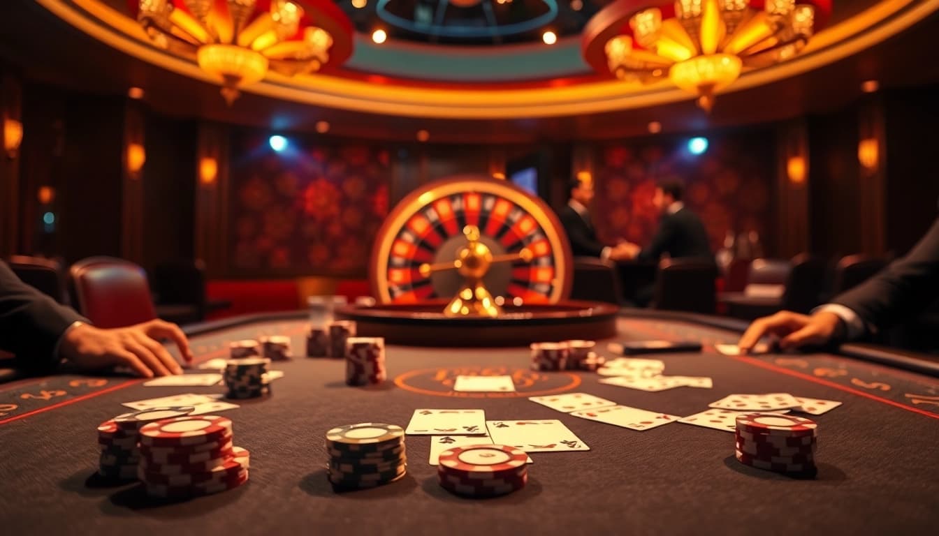 Bl555 poker table with vibrant chips and an exciting roulette wheel backdrop