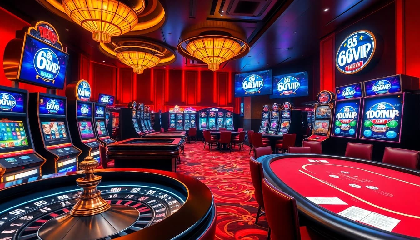 Exciting scene at 68VIP online casino with vibrant slot machines and poker tables.