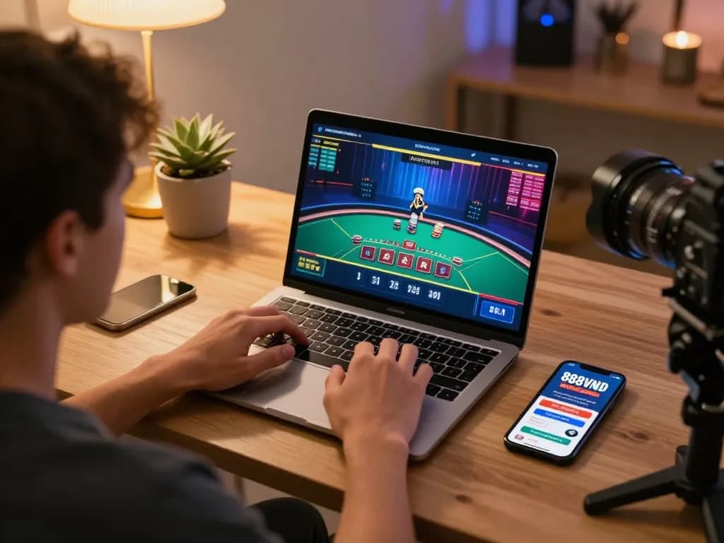 Engaging online gaming scene featuring 888VND live dealer blackjack game on laptop