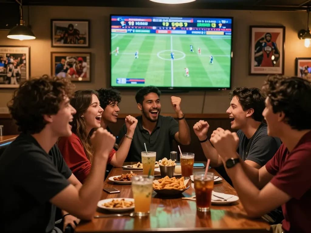 Excited group cheering for their favorite team at a bar during a kèo bóng đá match.