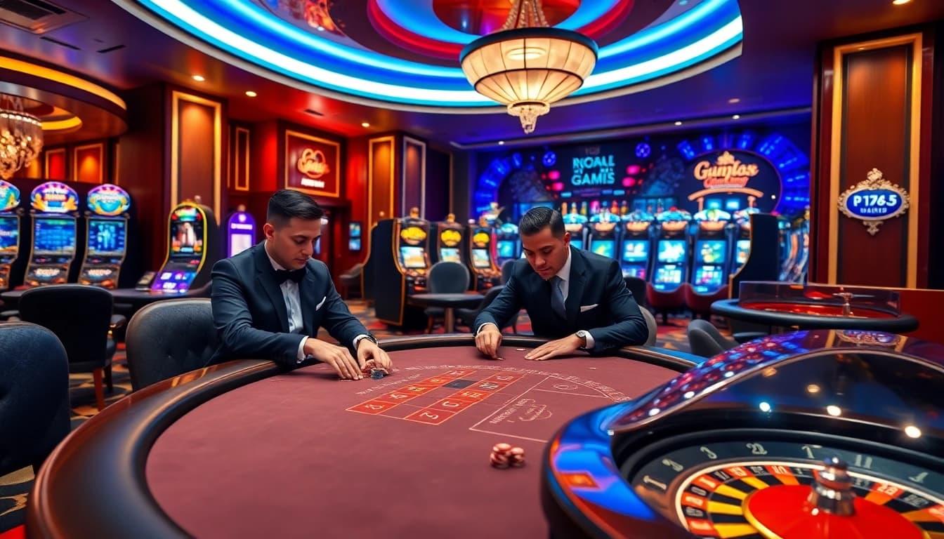 Engaging scene of professional gamblers at game vip88 in a bustling luxury casino.