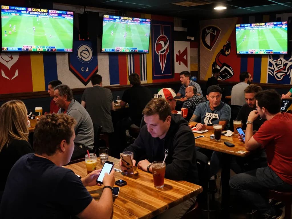 Socolive users enthusiastically engaging in live sports betting at a lively sports bar with multiple screens
