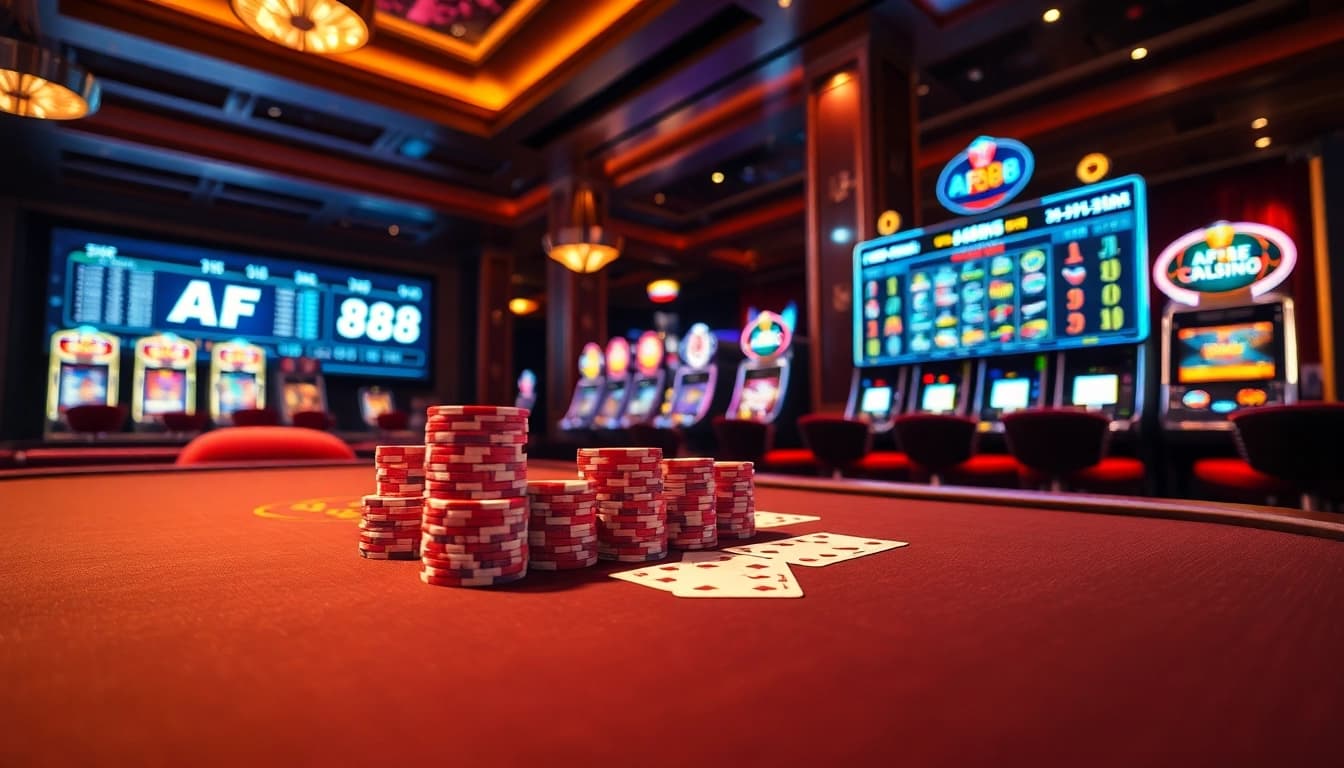 Experience the excitement of betting at AF88 with lavish casino visuals, cards, and chips.