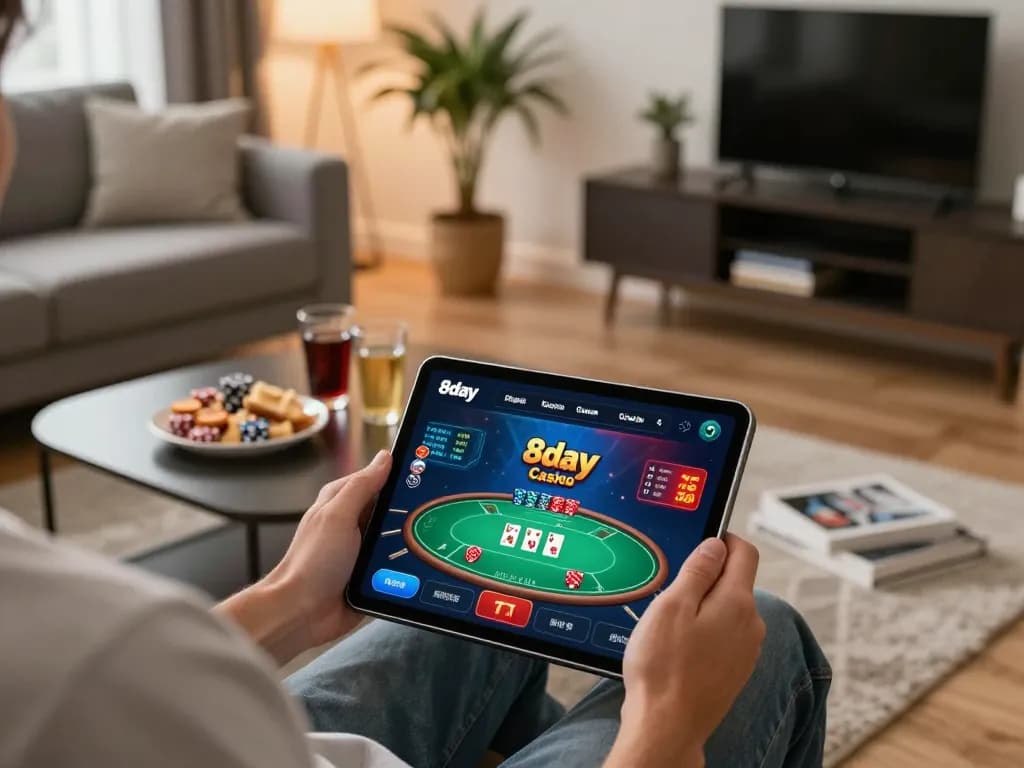 Engaging gameplay on the 8day casino app in a cozy home setting, highlighting online gambling