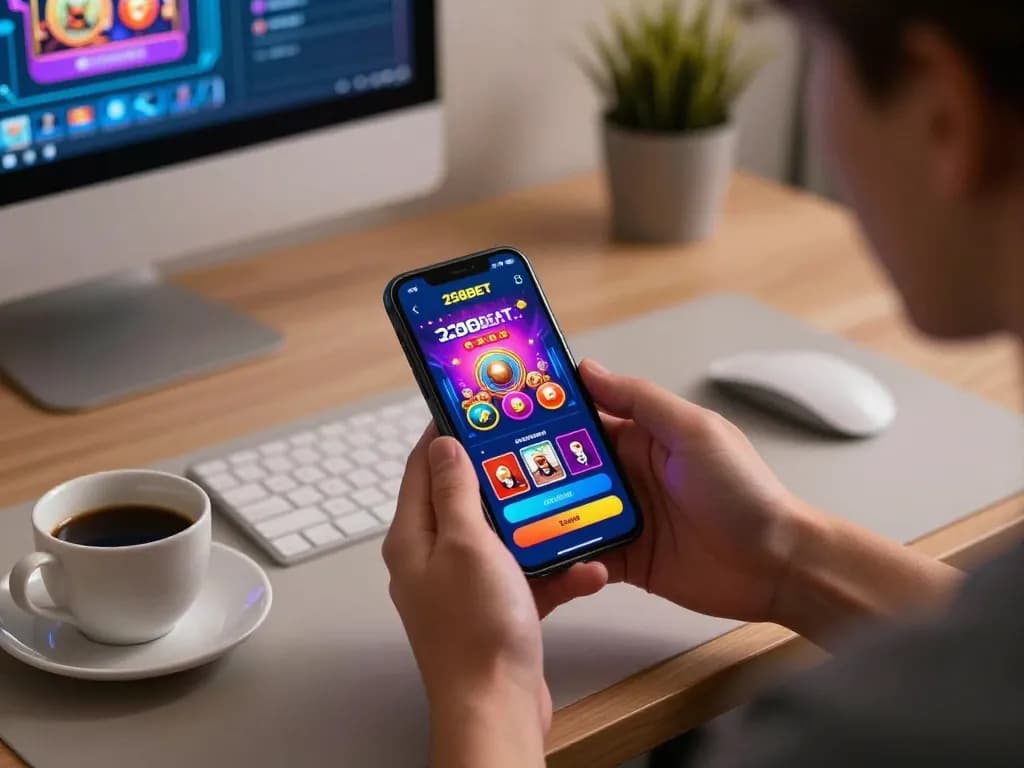 Engaging in mobile gaming with the 258bet download app interface displayed on a smartphone at home.