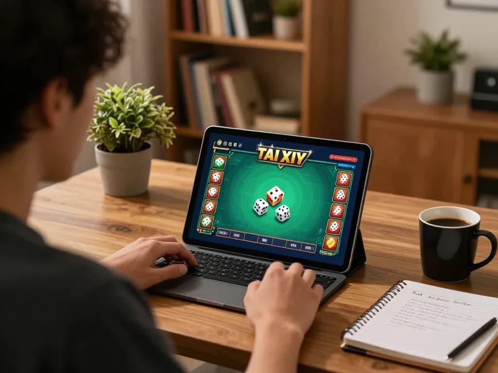 Engaged user playing tai xiu online game on tablet with strategic notes nearby.