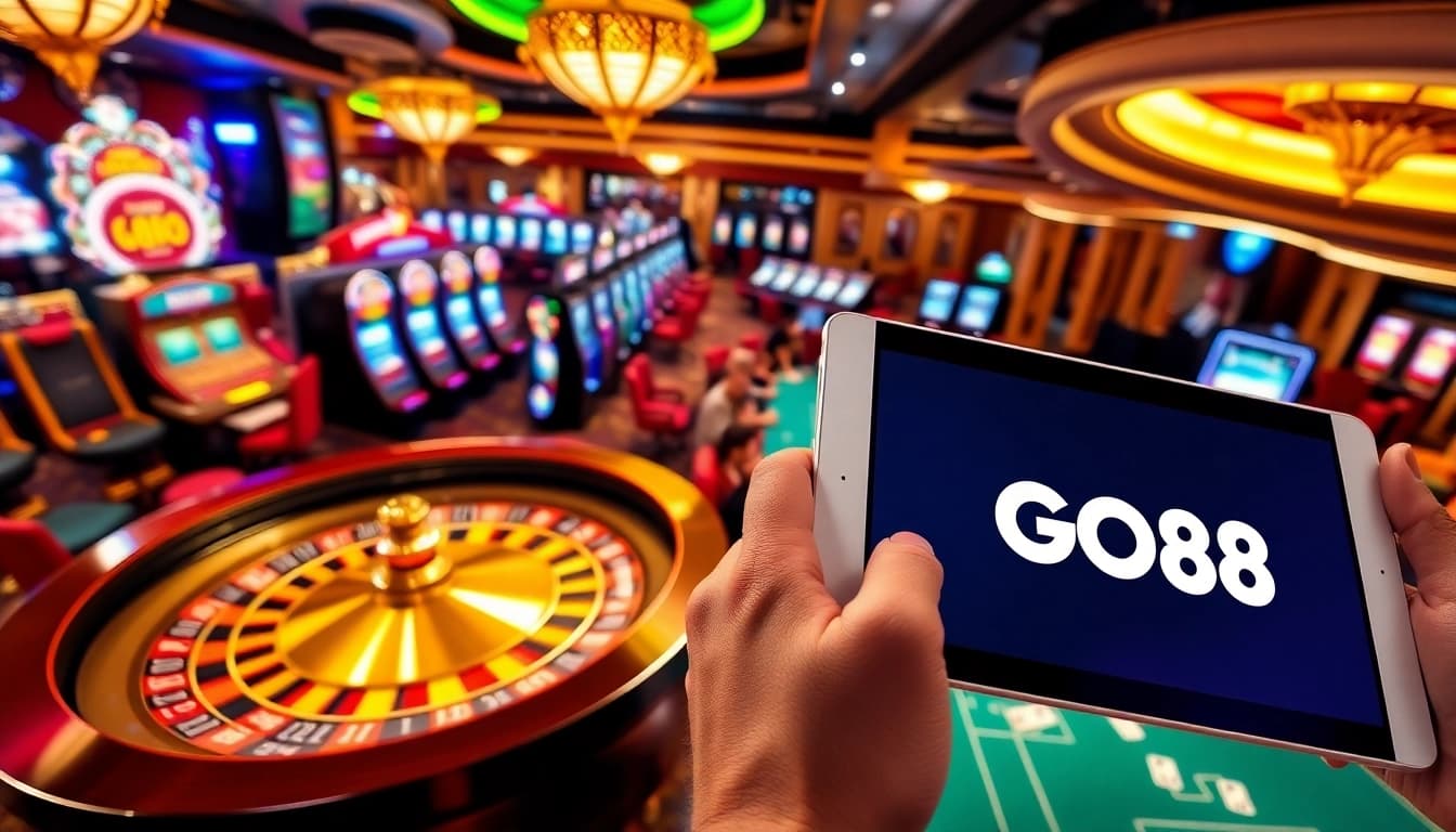 Gamblers enjoying a thrilling GO88 casino experience with roulette and slots.